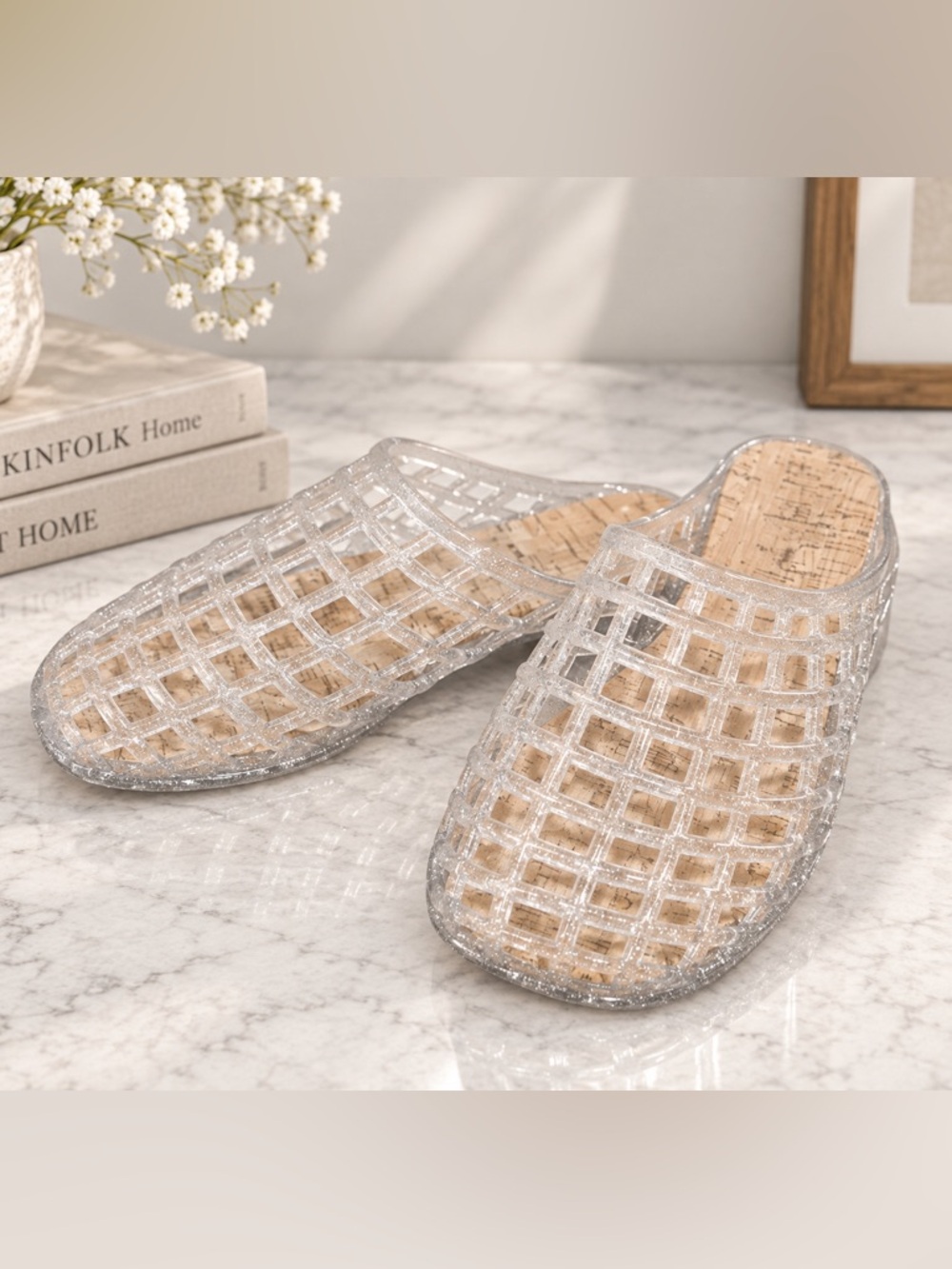 Clear Glitter Cage Slide Mules - Women
